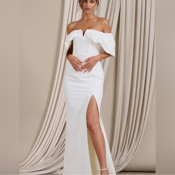 Club L London White Dress | Graces | White Structured Bardot Split Maxi Dress - Picture 1 of 3